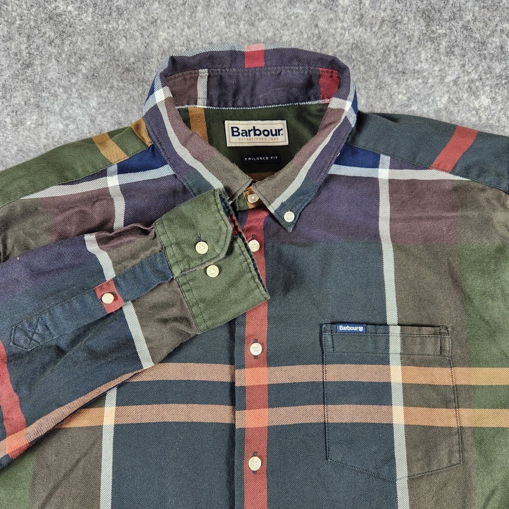 Barbour Dunoon Tailored Shirt Men XL Green Flannel Tartan Plaid Button Down